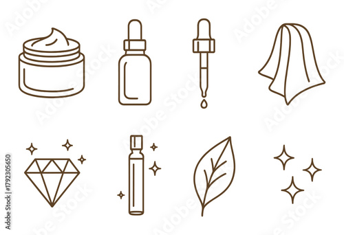 Skincare icons: cream, serum, dropper, towel, diamond, perfume, leaf, sparkles on brown background