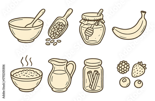 Assorted breakfast ingredients: cereal, honey jar, banana, milk pitcher, berries, cinnamon jars