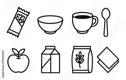 Minimalist food icons: snack bar, bowl, cup, spoon, apple, carton, packaging, napkins