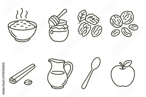 Vector icons of honey, nuts, oatmeal, and apple on gold background