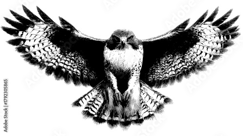  vecter illustration of a striking black and white image featuring a bird of prey with its wings fully extended in flight mode silhouette