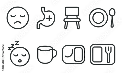 Minimalist icons: emotions, dining, and gastric themes in monochrome design