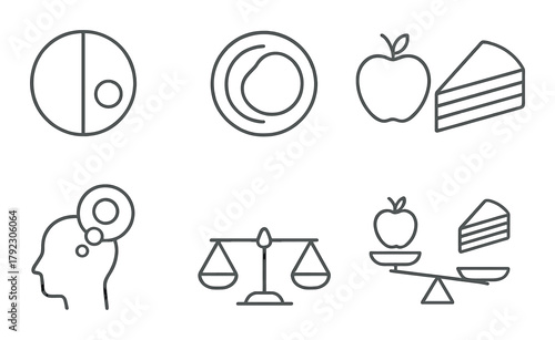 Outlined icons: meditative shapes, food, balance, and minimized solutions