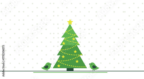 Two cheerful pixelated birds stand on a line beside a brightly lit Christmas tree.