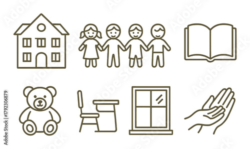 Outline icons of school building, children, book, teddy bear, desk, window, hands