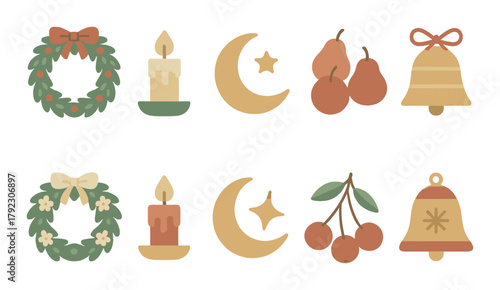 Festive holiday icons featuring candles, wreaths, moons, cherries, bells