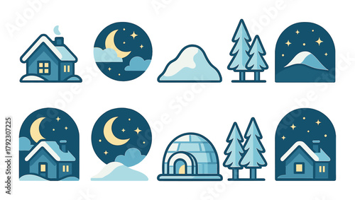 Winter night scene icons: houses, trees, and igloo under the moon