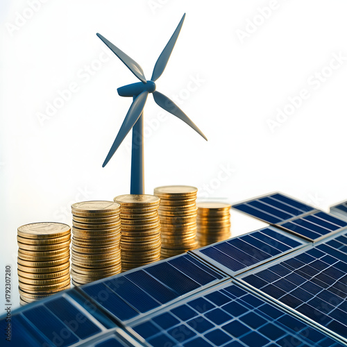 renewable energy banner background with green energy as wind turbines and solar panels