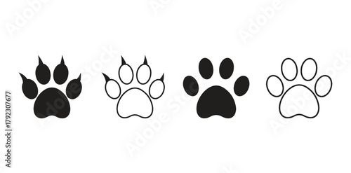 Set of Different animal paw prints, Dog, Cat, and Wildlife Footprint vector illustrations
Cute Animal Paw Print Icons Set