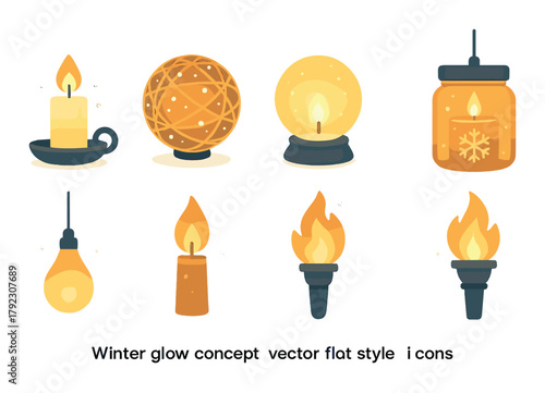 Winter glow icons: candles, lanterns, and warm light in flat design