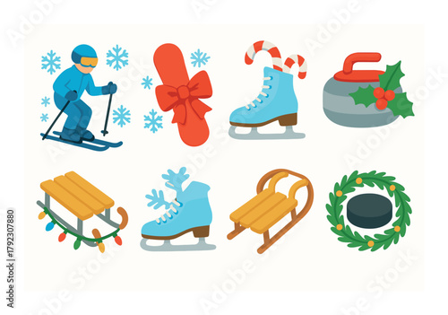 Winter sports and holiday icons: skiing, snowboarding, ice skating, and curling illustrations