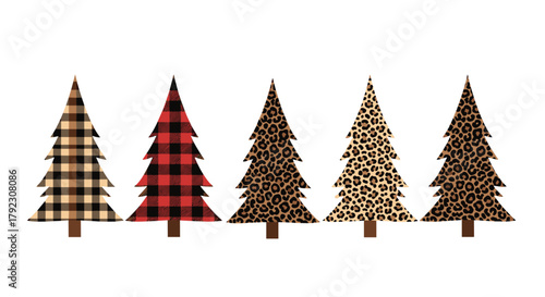 A festive collection of five decorated evergreen trees showcasing unique patterns for holiday cheer.