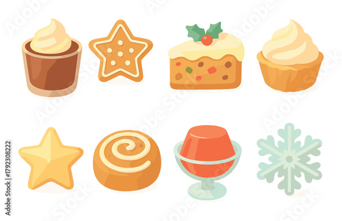 Festive dessert icons: gingerbread, cupcakes, jelly, and holiday treats