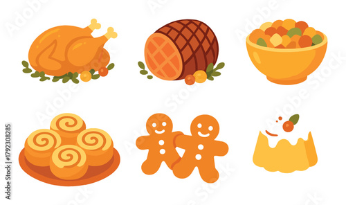 Festive holiday feast with turkey, ham, candies, rolls, cookies, and pudding