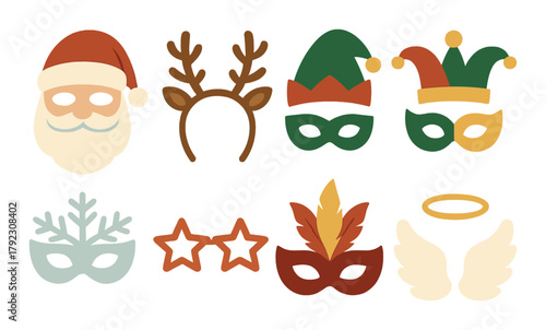 Festive costume accessories including santa, reindeer, elf, and angel masks with vibrant colors