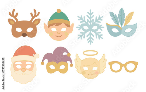 Festival masks: reindeer, elf, snowflake, feathers, santa, jester, angel, glasses