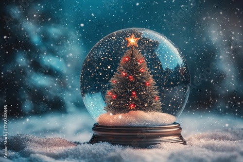 Illuminating miniature evergreen decoration rests within a glass sphere amidst falling snow
