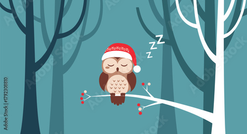 A sleepy owl wearing a santa hat rests on a branch in a winter forest.