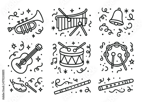Hand-drawn musical instrument icons on vintage background