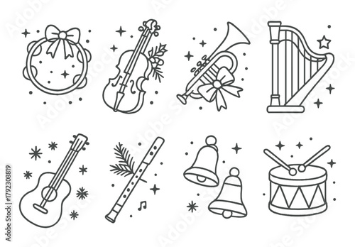 Festive musical instrument sketches with holiday decorations