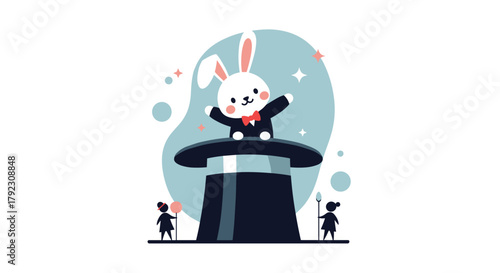 A cute bunny appears from a magician's hat with sparkling stars and confetti celebrating its magical reveal.