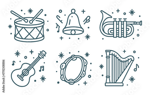 Musical instruments illustration: drum, bell, trumpet, guitar, tambourine, harp