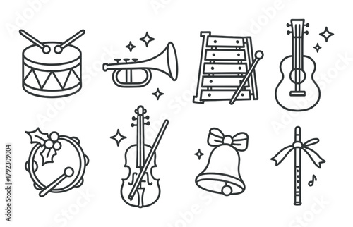 Musical instrument icons: drum, trumpet, xylophone, guitar, tambourine, violin, bell, flute