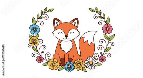 A cute fox sits in a floral wreath with a happy expression.