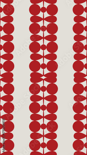 A pattern of red circles and teardrop shapes arranged in vertical stripes on a white background design style
