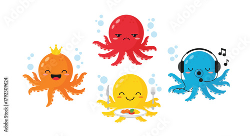 Four cute cartoon octopuses with different expressions and accessories.