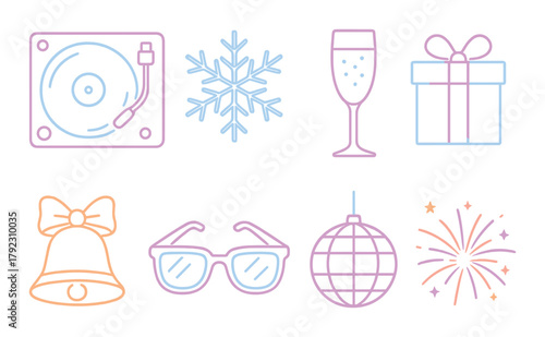 Neon icons of festive celebration: music, winter, gifts, and holiday cheer