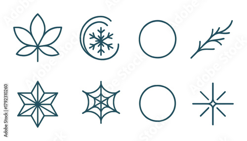 Minimalist blue geometric icons on green background featuring nature and weather symbols