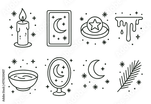 Mystical symbols collection: moon, candle, and stars on gold background