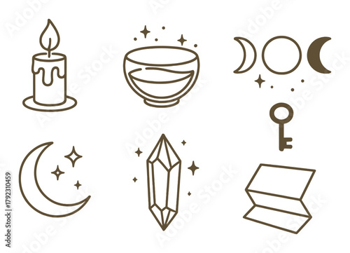Mystical symbols: candle, bowl, moon phases, key, stars, crystal on gold background