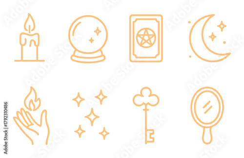 Mystical neon symbols: candle, crystal ball, tarot, moon, magic, key, mirror