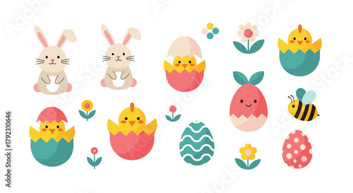 Cute collection of easter bunny chicks and decorated eggs with flowers and bee.