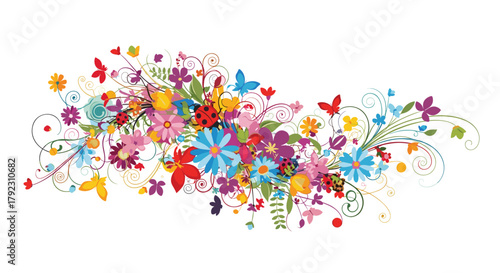A vibrant and colorful abstract composition of flowers and butterflies in a whimsical artistic arrangement.