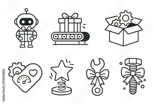 Robotics theme: robot icons with gear and gift elements on metallic background