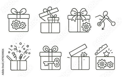 Gift box icons with gears and keys on brown background