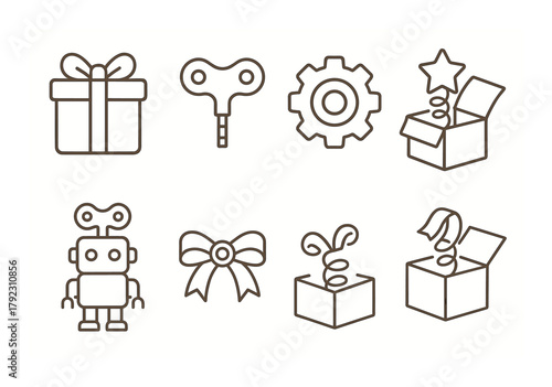 Simple line icons of gift, robot, cog, and surprise box