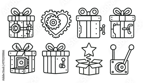 Steampunk gift boxes and mechanical heart design with gears and stars