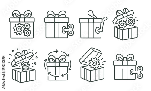 Collection of surprise gift box icons with gears and wind-up features
