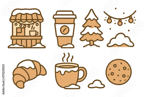 Cozy coffee shop icons with winter theme: cup, croissant, cookie, tree, lights