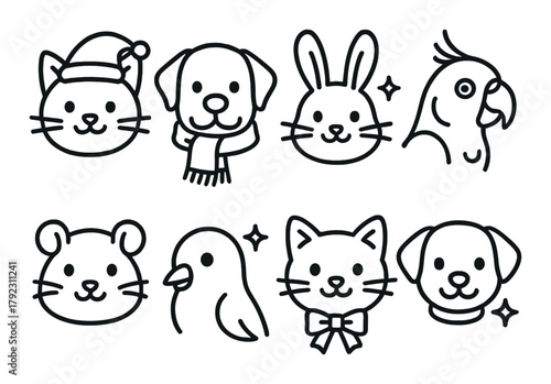 Cute animal icons: cat, dog, rabbit, parrot, hamster, bow tie, scarf, santa hat