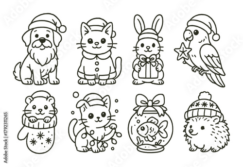 Cute holiday animals in winter outfits: dogs, cats, bunny, parrot, hamster, fish, hedgehog