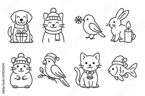 Cute winter animals in holiday outfits featuring dog, cat, bird, rabbit, mouse, and fish