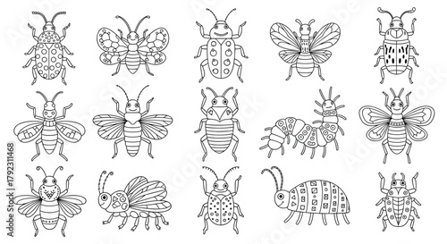 An artistic arrangement of fifteen distinct insect and animal like pixelated illustrations presented in five vertical columns.