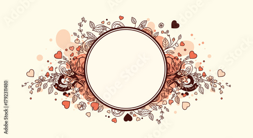 Decorative ornate circle frame with scattered hearts and floral elements suggesting romance and celebration.
