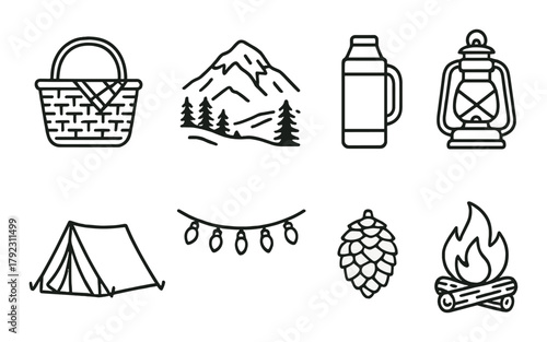 Camping essentials: basket, mountain, thermos, lantern, tent, lights, pinecone, campfire icons