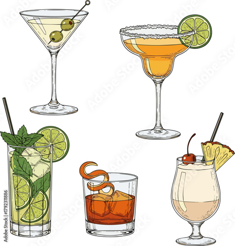 Isolated a kinds of deferent Hand drawn set of alcoholic cocktails vector art with white background..